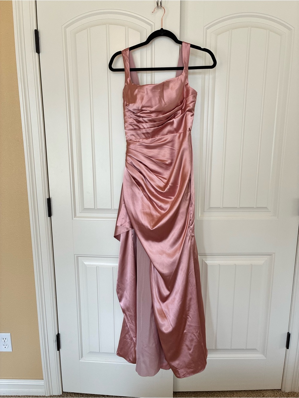 Elegant Rose Satin Evening Dress with Draped Detail